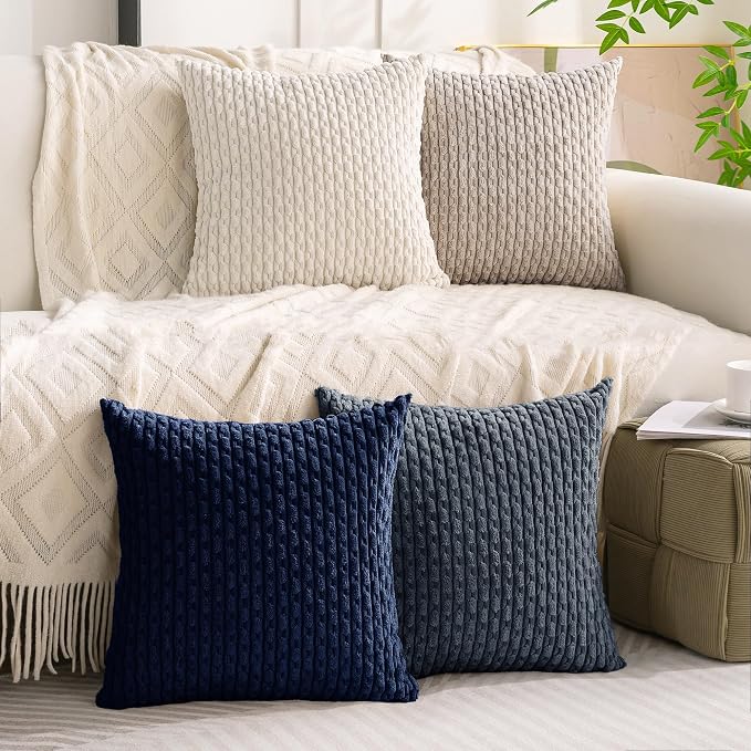 Set of 4 Navy White Taupe Decorative Throw Pillow Covers 18x18 Inch Corduroy - Image 2