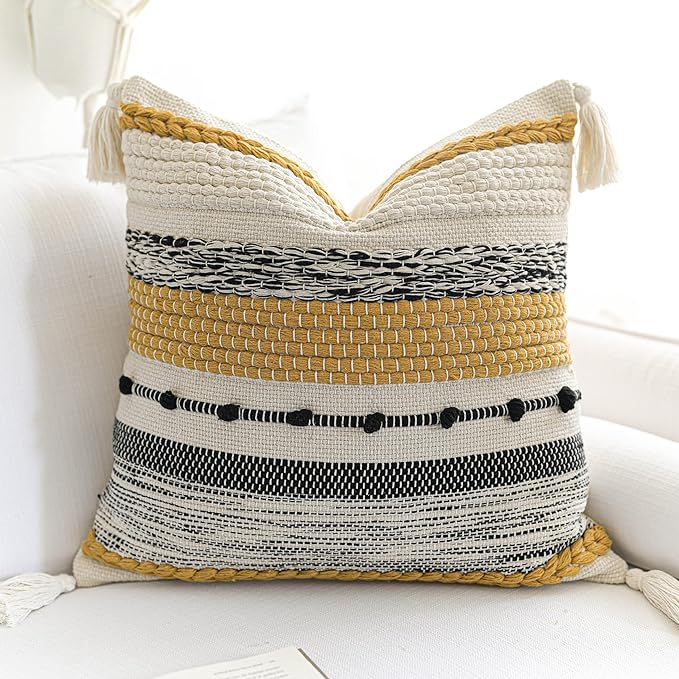 BlissBlush Yellow Mustard Decorative Throw Pillow Cover 20x20 Square Boho by BlissBlush