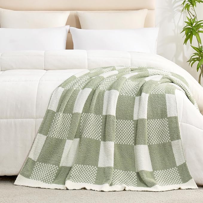 Snuggle Sac Checkered Blanket, Sage Green Throw Blanket - Image 6