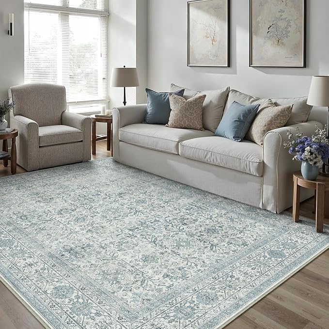 PureCozy Area Rug 5x7 Blue Washable Living Room Carpet Soft Non Slip Vintage by PureCozy