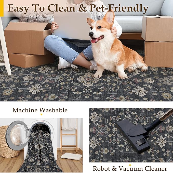 PureCozy Black 8x10 Area Rug Washable Vintage Carpet Living Room Large Indoor - Image 2