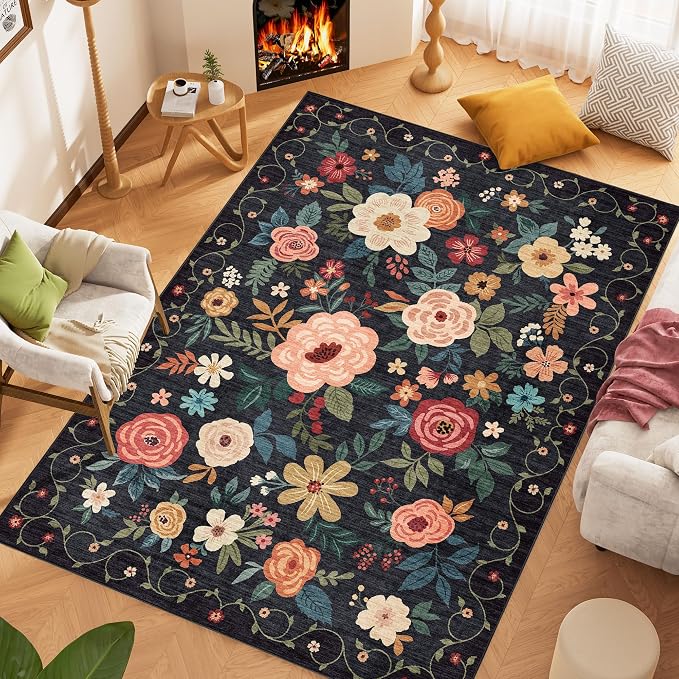 DUKINO 5x7 Area Rug, Floral Design, Lightweight Non Slip Washable, Indoor Low - Image 4