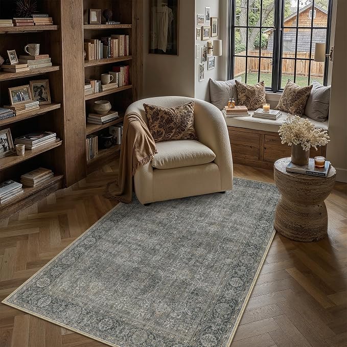 PureCozy Vintage Area Rug 4x5 Grey Brown Entryway Office Washable Carpet Non - Image 2