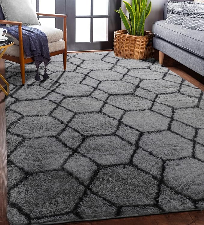 ONASAR Area Rugs for Bedroom Living Room, 4x6 Fluffy Grey and Black Rug by ONASAR