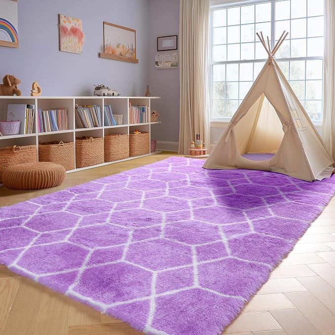 ONASAR 5x7 Area Rugs for Living Room Bedroom, Fluffy Purple and White Throw Rug - Image 8