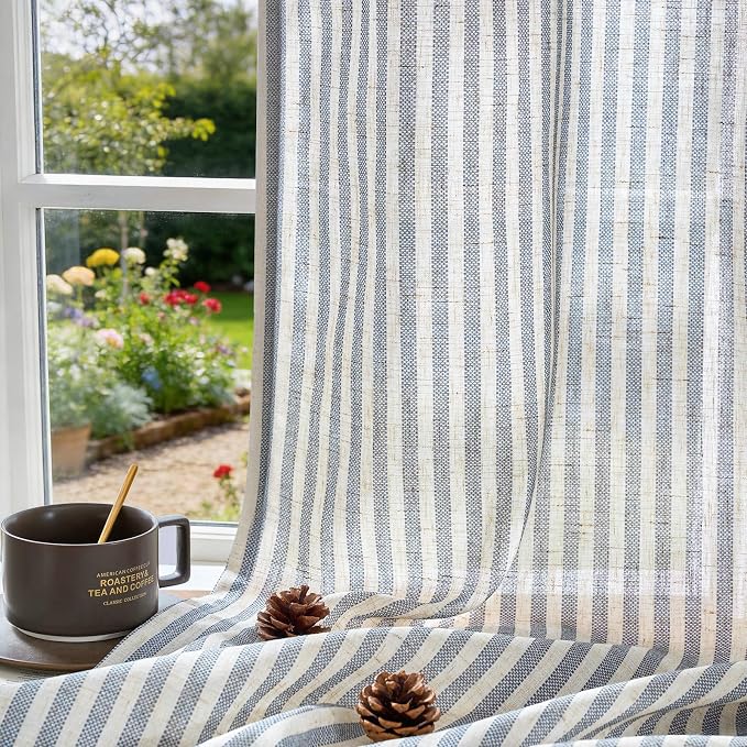 jinchan Linen Curtains for Living Room Blue on Beige Striped Curtains for - Image 7