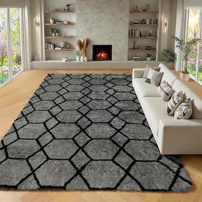 ONASAR 8x10 Area Rugs for Living Room, Fluffy Grey and Black Bedroom Rug by ONASAR
