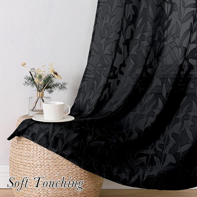 Lecloud Leia Black Sheer Curtains 108 Inches Long 2 Pcs, Elegant Jacquard Leaf - Image 4