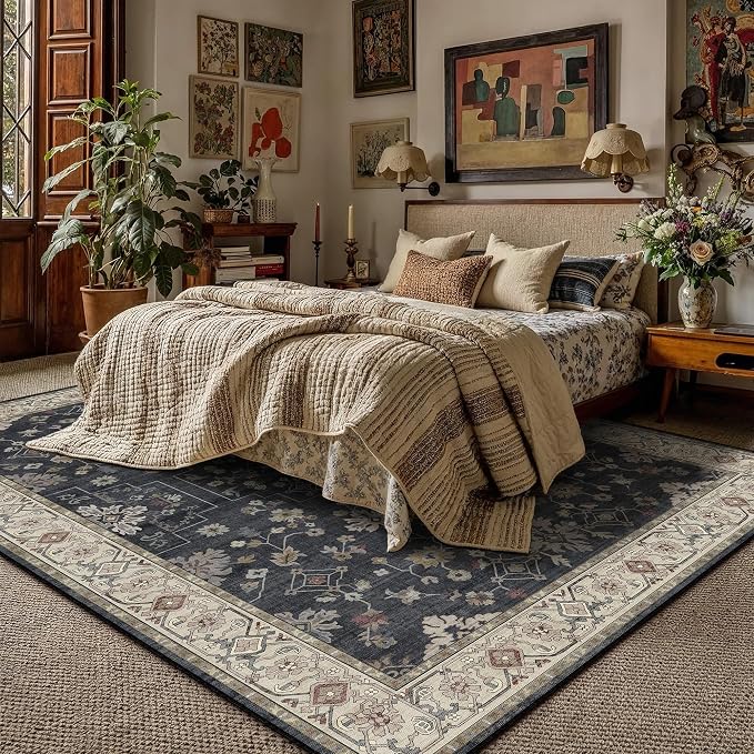 PureCozy Black 8x10 Area Rug Washable Vintage Carpet Living Room Large Indoor - Image 4