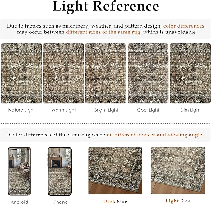 PureCozy Vintage Area Rug 7x10 Brown Washable Living Room Large Carpet Non Slip - Image 8