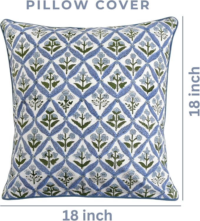 Ridhi Block Print Light Steel Blue Pillow Cover 18" x 18" Decorative Couch - Image 3