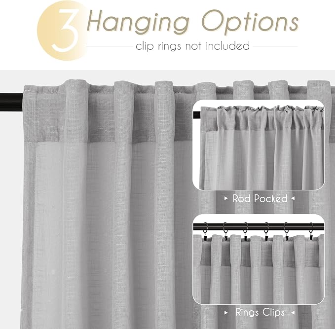 Linen Blend Grey Curtains for Living Room Back Tab Modern Farmhouse Semi Sheer - Image 2