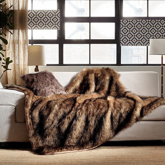 Luxury Plush Faux Fur Blanket Queen Size, Long Pile Brown - Image 3