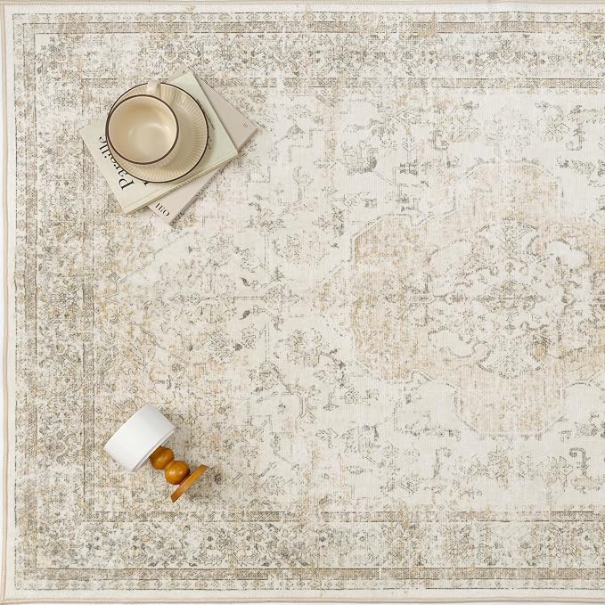 PureCozy 6x9 Washable Area Rug Beige Vintage Distressed Large Rug - Image 8