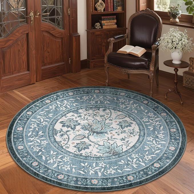 GarveeHome Misty Blue Botanical Grove 4ft Round Rug, Small Circle Vintage - Image 3