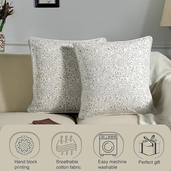 Ridhi Block Print Taupe Pillow Cover 24" x 24" Decorative Couch Pillows - Image 6