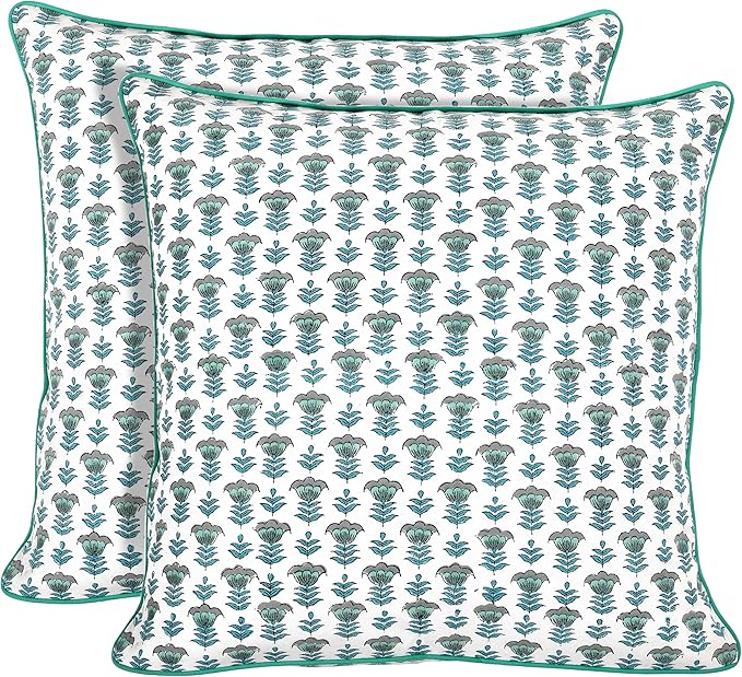 Ridhi Block Print Aquamarine Blue Pillow Cover 20" x 20" Decorative Couch by Ridhi