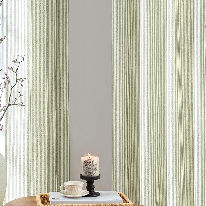 jinchan Linen Curtains for Living Room Green on Beige Striped Curtains for - Image 6