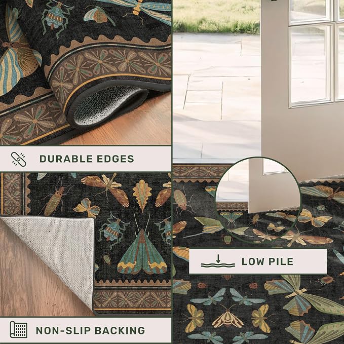 Vintage Insect 2x8 Black Entryway Runner Rug, Washable Non Slip Runners - Image 5