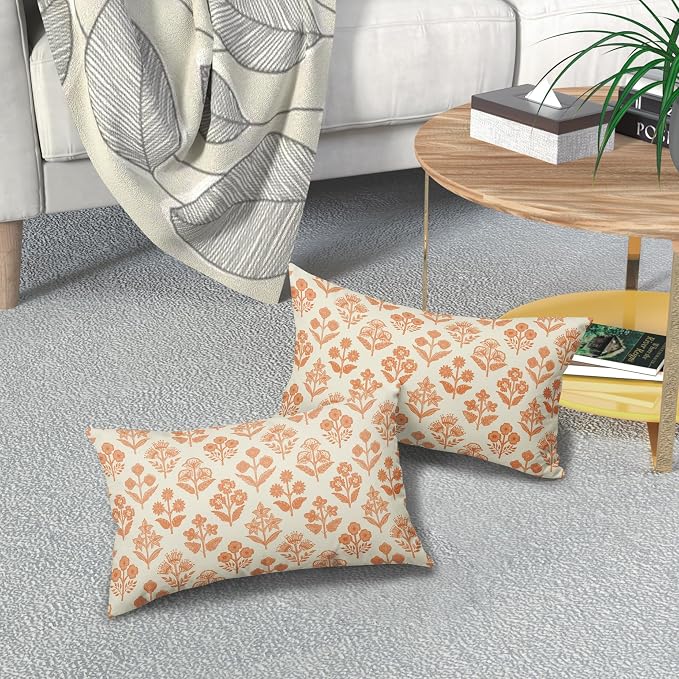 Orange Floral Pillow Covers 12x20 Inch Set of 2, Block Print Lumbar Flower - Image 7