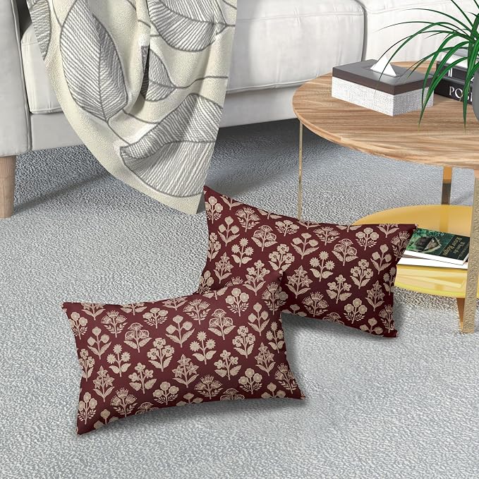 Burgundy Pillow Covers 12x20 Inch Set of 2, Cream Floral Block Print Pattern - Image 7
