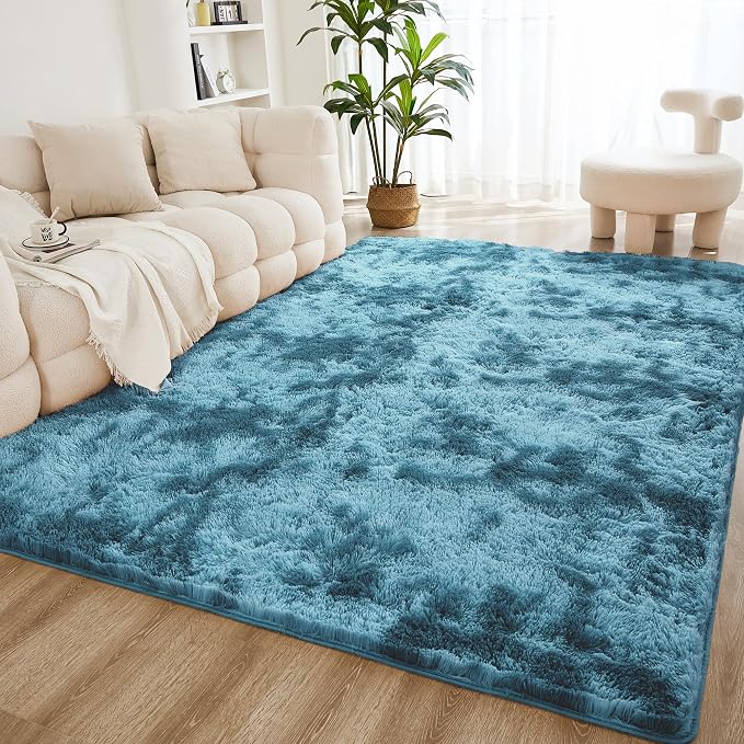Litanika 4x6 Shag Area Rug for Living Room Bedroom, Tie-Dyed Blue High Pile by Litanika