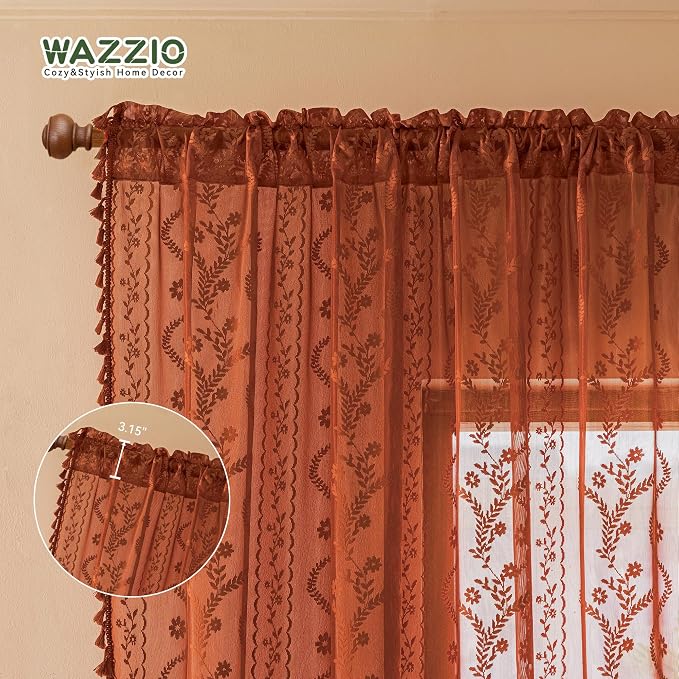 WAZZIO Boho Lace Curtains 63 Inch 2 Panels-Vintage Sheer Panel Drape Floral - Image 6