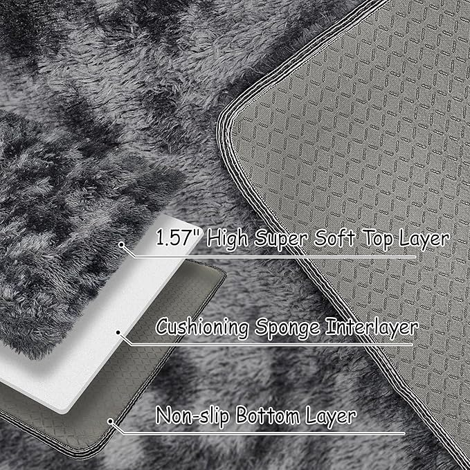 Tie-Dyed Runner Rug for Bedroom Black Grey 2x8ft Fluffy Area Rug Bedside Runner - Image 3