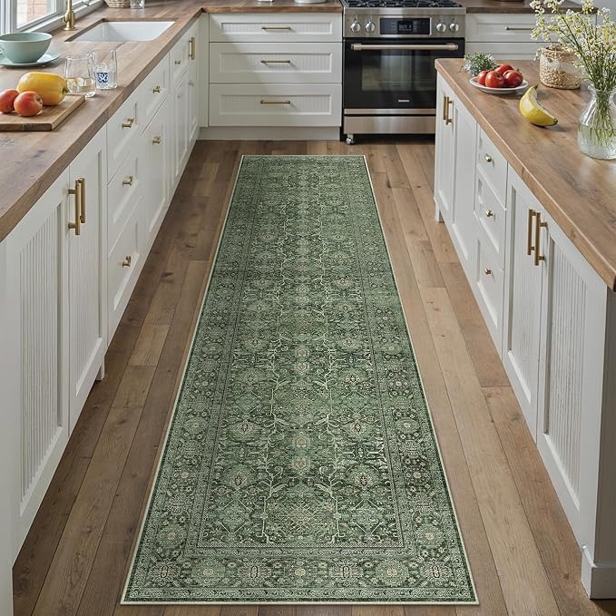PureCozy Green Runner Rug 2x8 Hallway Washable Carpet Soft Vintage Indoor by PureCozy