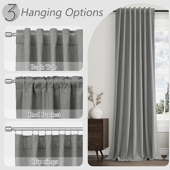 Guken Dark Grey 100% Blackout Linen Curtains 96 Inch Length 2 Panels Set - Image 6