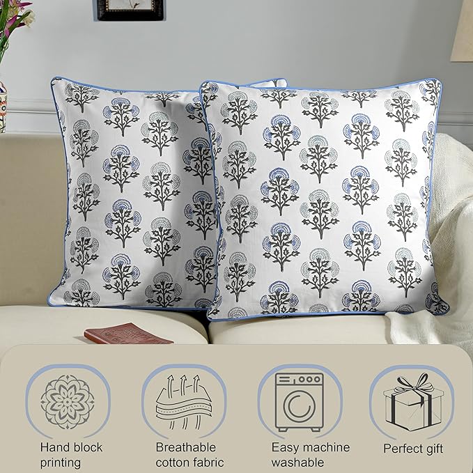Ridhi Block Print Mughal Buta Blue Pillow Cover 18" x 18" Decorative Couch - Image 6