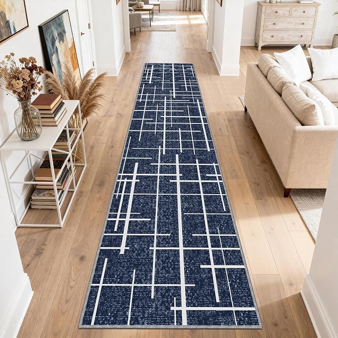 Non Slip Hallway Runner Rug 2.6x12, Modern Distressed Stripe, Washable Extra - Image 8