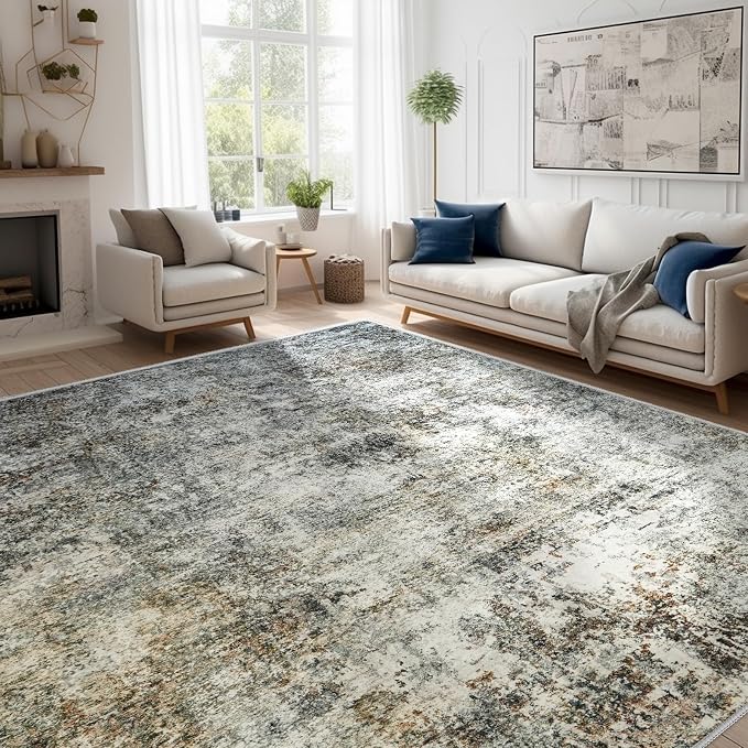 Abstract 10x14 Washable Rug: Modern Non Slip Area Rug Soft Carpet Foldable by Puino