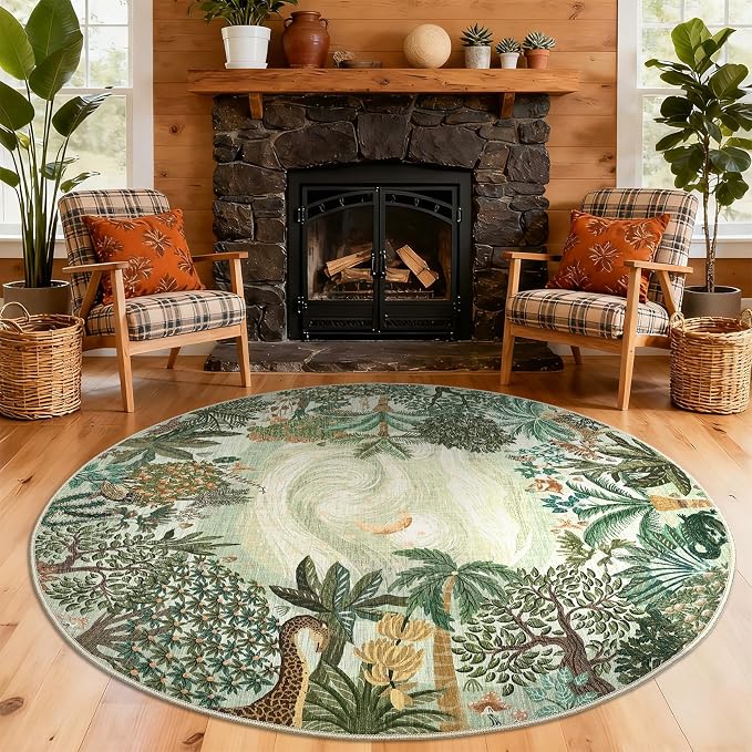 GarveeHome Round Area Rugs 8ft for Living Room, Large Green Jungle Washable by GarveeHome