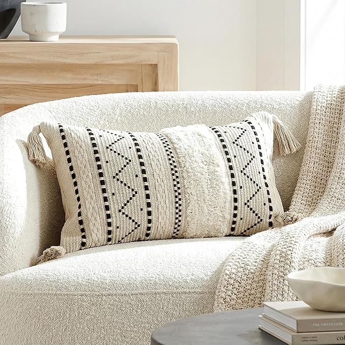BlissBlush 12x20 Lumbar Pillow Cover, Cream Neutral Rectangular Decorative by BlissBlush