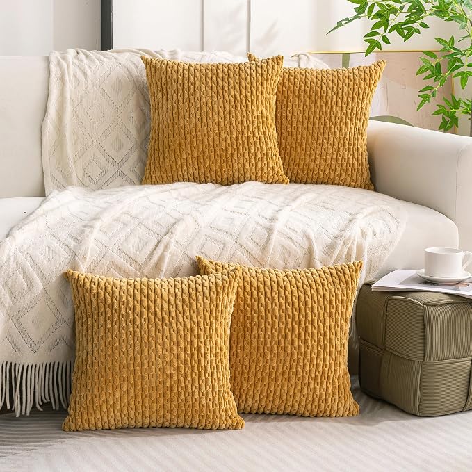 Set of 4 Mustard Yellow Decorative Throw Pillow Covers 24x24 Inch Corduroy - Image 2