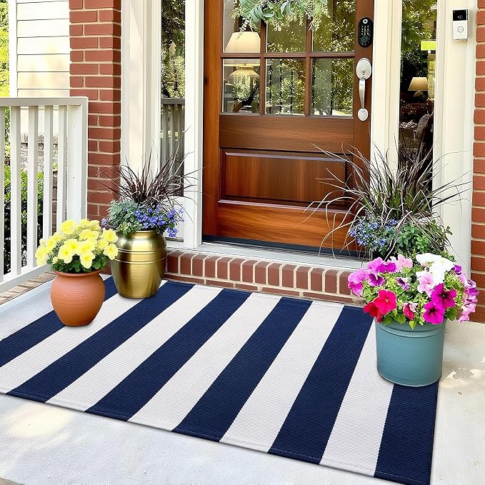 OLANLY Navy and White Striped Rug 2'4" x 3'7" – Washable Cotton Indoor Outdoor - Image 9