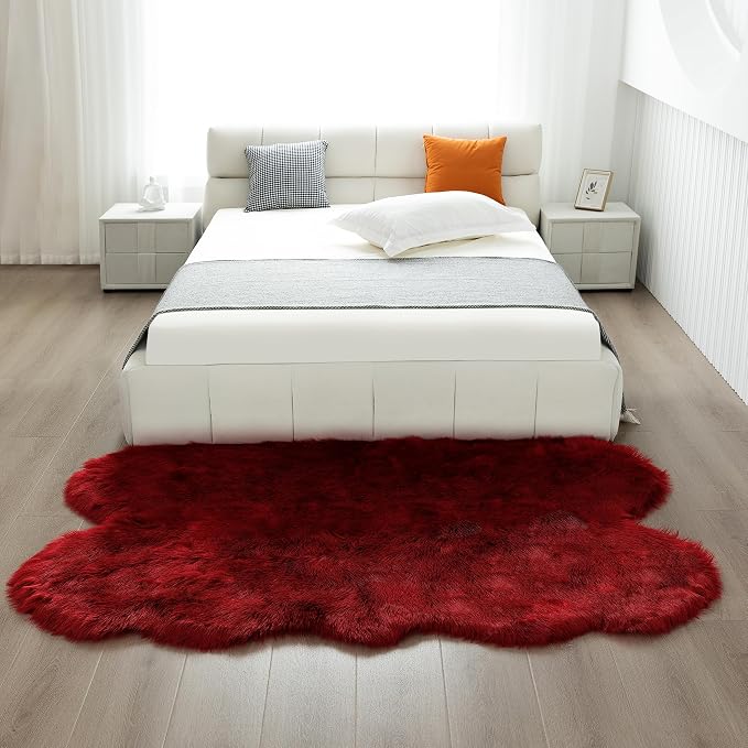 Fluffy Faux Fur Rug Red Sheepskin Area Rug, 4x6 Ft Ultra Soft Shaggy Plush Rug - Image 5