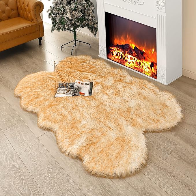 Fluffy Faux Fur Rug White Yellow Sheepskin Area Rug, 4x6 Ft Ultra Soft Shaggy by CKLZSAY
