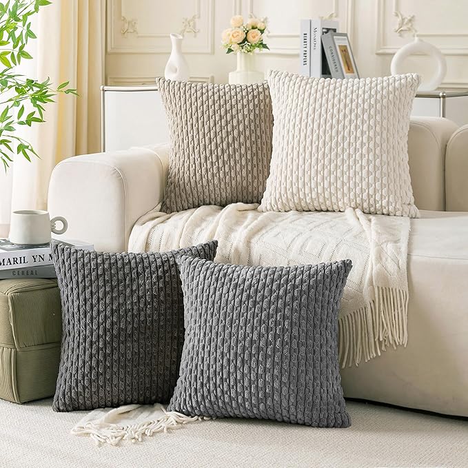 Set of 4 Grey White Taupe Decorative Throw Pillow Covers 16x16 Inch Corduroy by Cozoomy