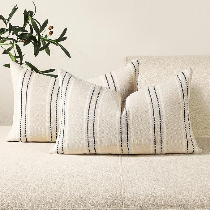 Hckot Throw Pillow Covers 12x20 Set of 2 Striped Pillow Covers Textured Linen by Hckot