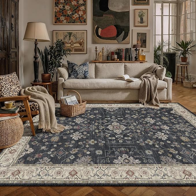PureCozy Black 5x7 Area Rug Washable Vintage Carpet Living Room Bedroom Indoor by PureCozy