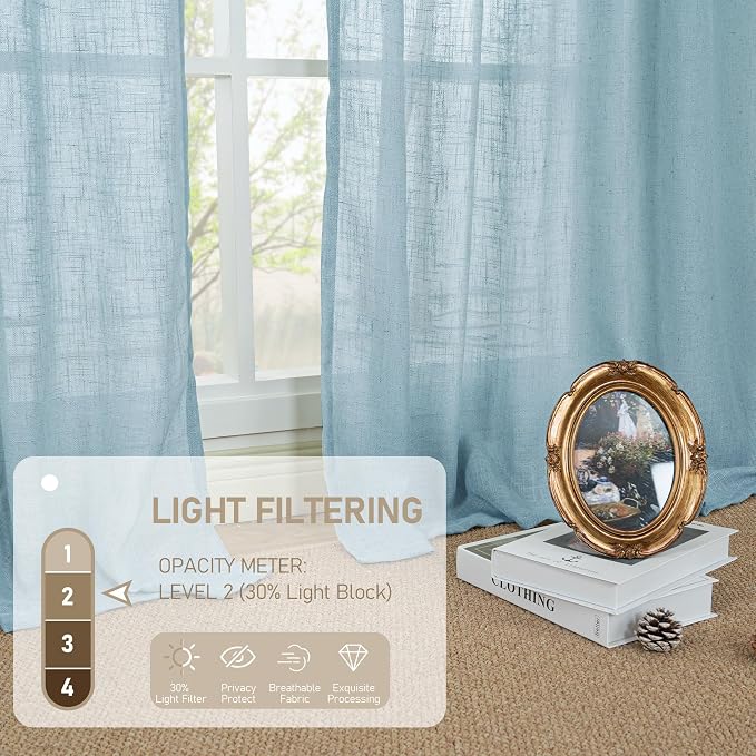 LAMIT Stone Blue Semi Sheer Window Linen Curtains 63 Inch Length, Light - Image 4