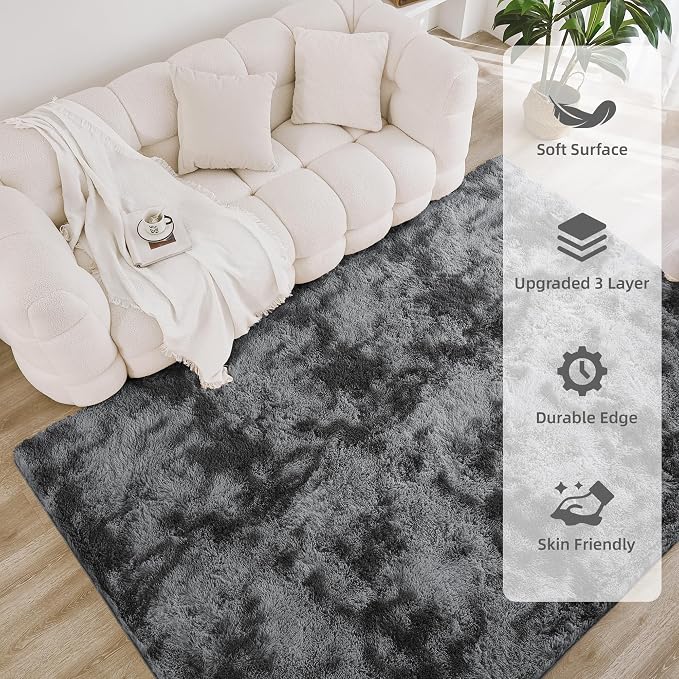 Litanika 9x12 Shag Area Rug for Living Room Bedroom, Tie-Dyed Dark Grey High - Image 4