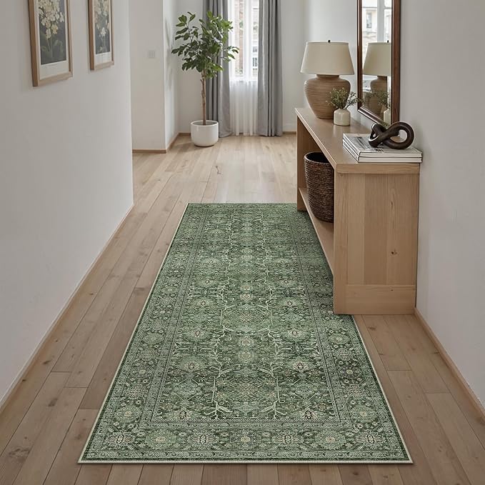 PureCozy Green Runner Rug 2x6 Hallway Washable Carpet Soft Vintage Indoor - Image 3