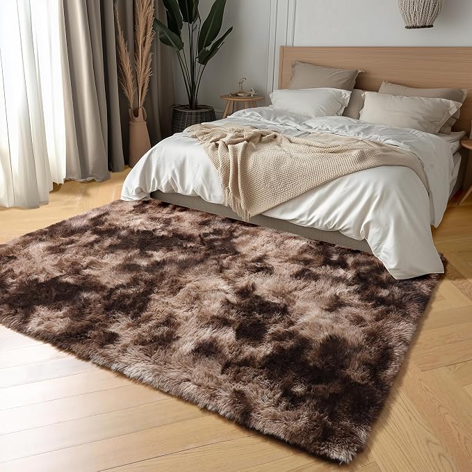 Amdrebio Tie-Dyed Brown Rugs for Bedroom Living Room, 5x7 Fluffy Shaggy Plush - Image 3