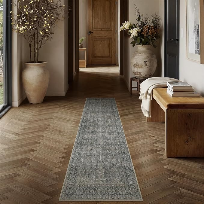PureCozy Grey Brown Runner Rug 2x6 Vintage Carpet Hallway Long Indoor Kitchen - Image 2