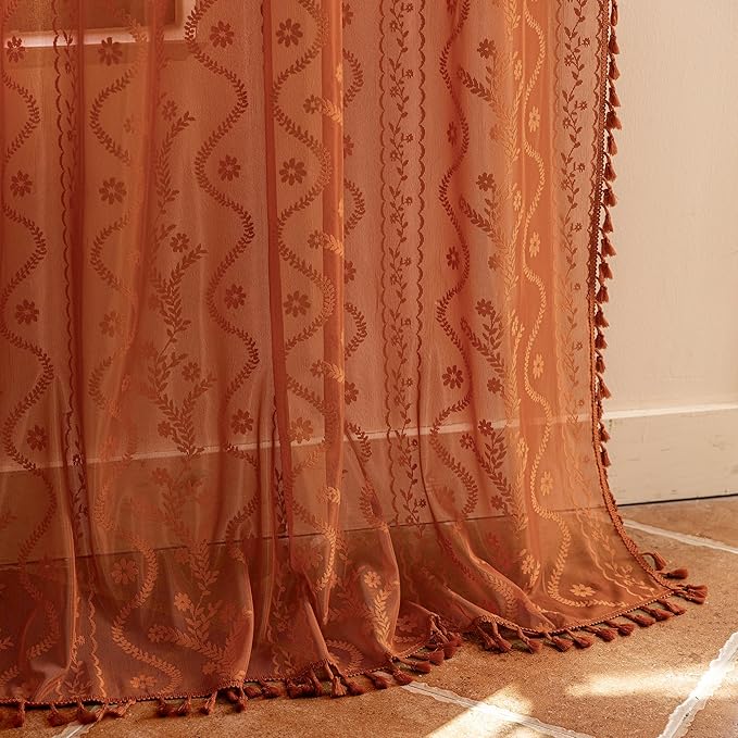 WAZZIO Boho Lace Curtains 45 Inch 2 Panels-Vintage Sheer Panel Drape Floral - Image 5