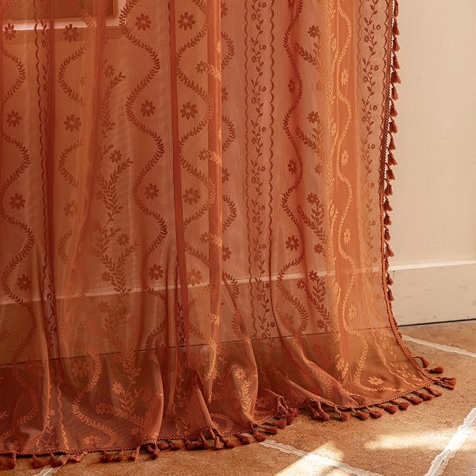 WAZZIO Boho Lace Curtains 54 Inch 2 Panels-Vintage Sheer Panel Drape Floral - Image 6