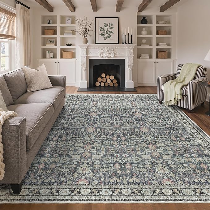 Bavni Area Rugs 8X10-Machine Washable Rug Lightweight Low Pile, Vintage Floral by BAVNI
